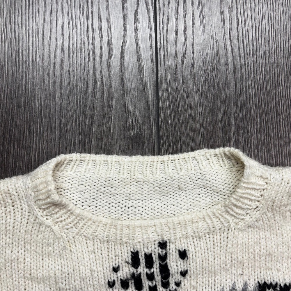 Vintage Cat 1990s Hand Knit Sweater Small White Cute Animal Nature Crochet Baggy - Picture 4 of 8